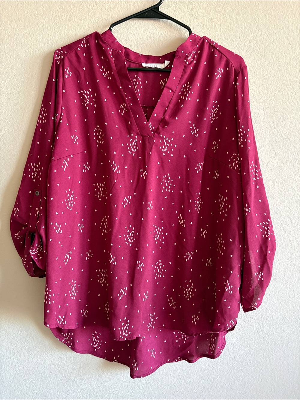 Lush Dot Split-Neck Blouse Light Burgundy Long Roll Tab Sleeve Semi Sheer SZ 1X